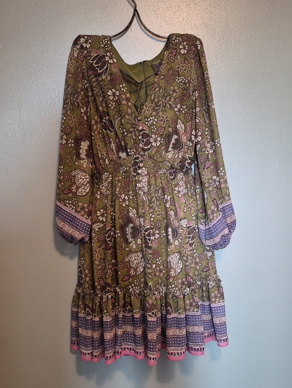 Olive Green Floral Boho Dress Size 16 Sheer Lined Zip Back
